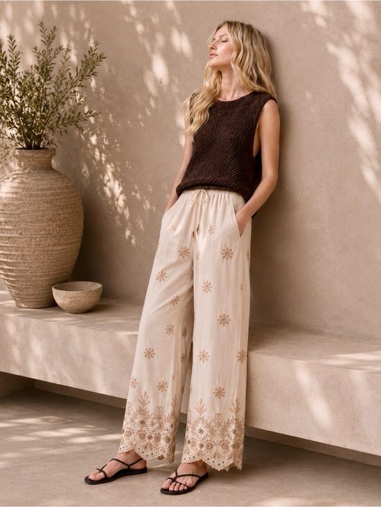 Zara Pants - Zara ZW Collection Embroidered Wide Leg Pants Ecru Beaded NWOT Size M